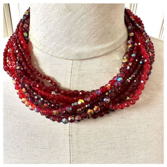Red beaded multi strand necklace Jewelry - Red beaded multi strand vintage necklace